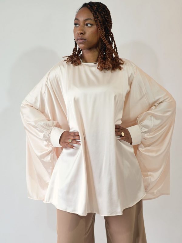 Blouse satinée rose fluide Eva manches chauve-souris