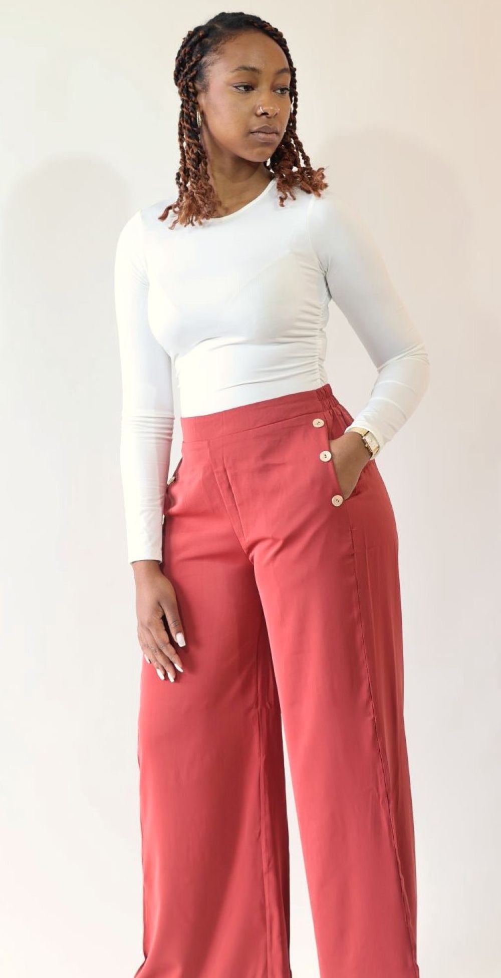 Palazzo brique fluide femme modèle GINA avec boutons dorés