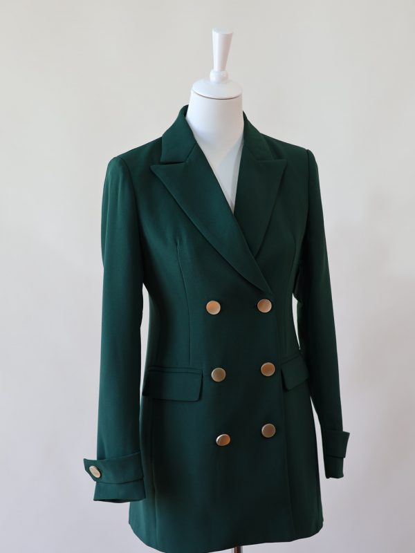 Blazer Oriane Vert – Blazer long double boutonnage, boutons dorés